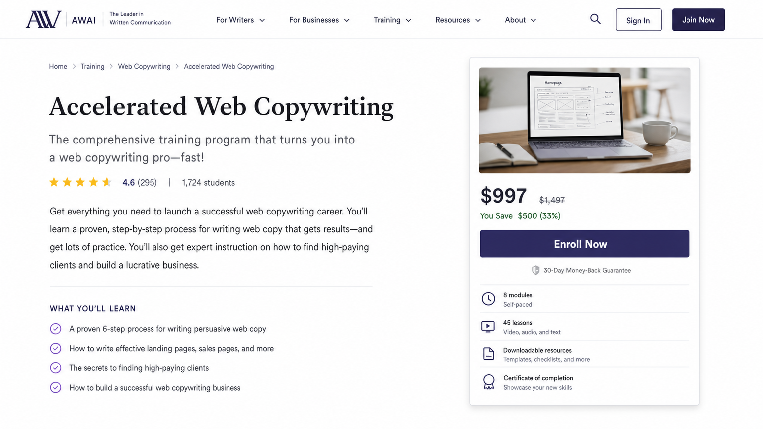 Screenshot of a commercial writing course page with title, description, pricing, and Enroll Now button