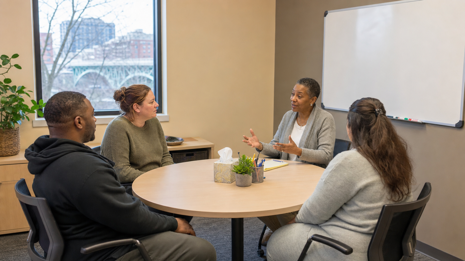 A realistic view of a mediation room at a Cincinnati community center, a round table with parents, a mediator, and a whiteboard showing a calm discussion.