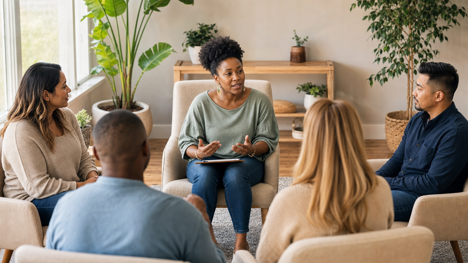 A photorealistic scene of a supportive co‑parenting workshop in a bright Cincinnati community center, diverse families engaged in guided conversation, natural lighting.