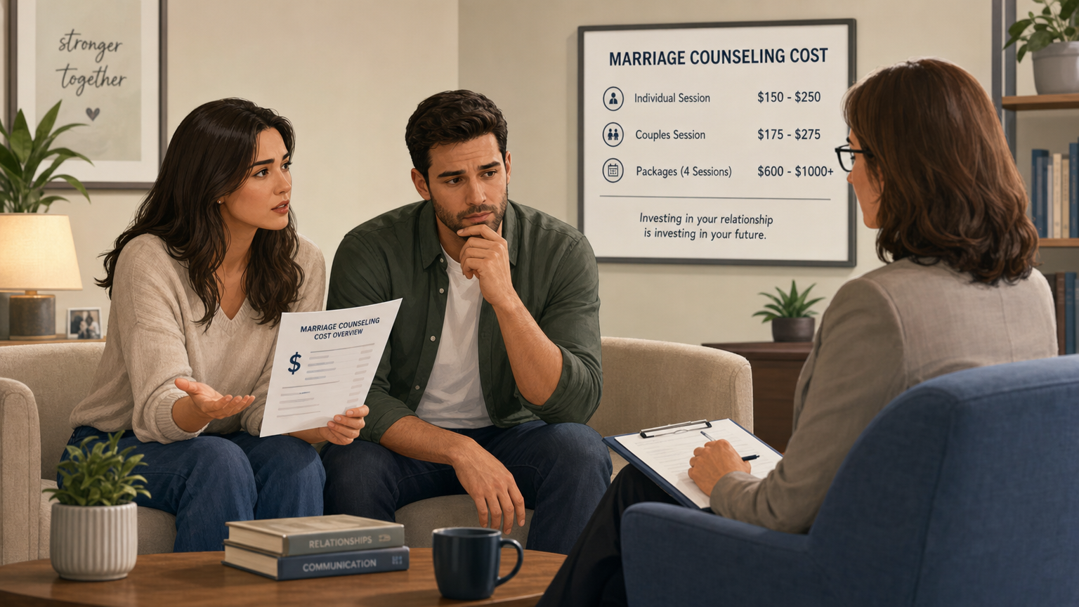 A realistic illustration of a couple sitting across from a therapist in a cozy office, with charts on the wall showing communication models. Alt: marriage counseling cost discussion in a therapy room.