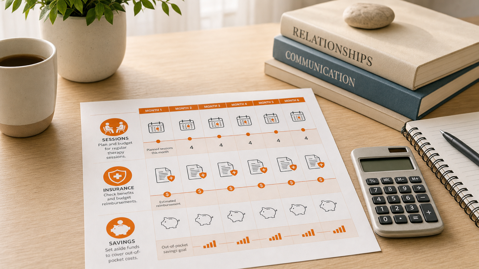 A realistic chart showing a monthly budgeting timeline for couples therapy, with icons for sessions, insurance, and savings. Alt: budgeting for marriage counseling cost visual guide.