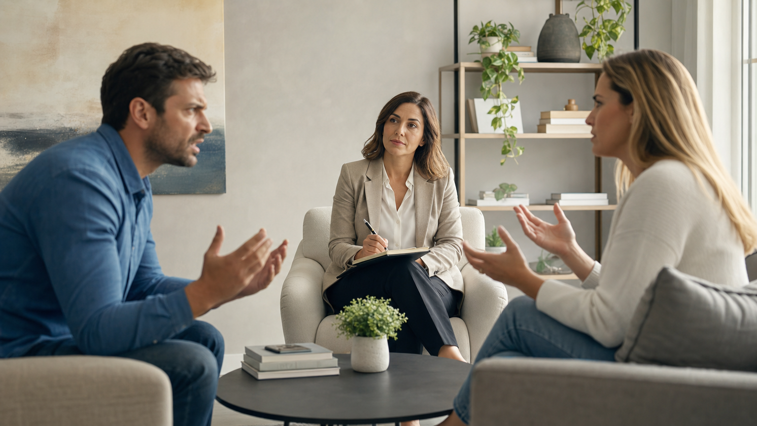 A realistic scene of a therapist and a couple reviewing a diagram of a house with rooms labeled Friendship, Trust, Intim