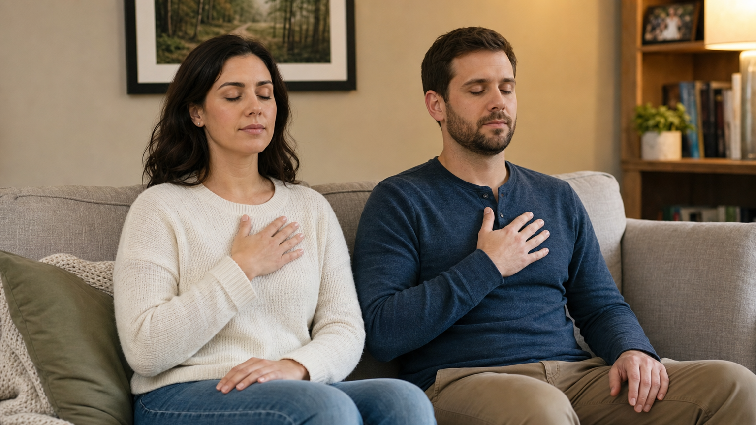 A realistic illustration of a couple practicing a brief pause skill together, sitting on a couch, calm facial expression