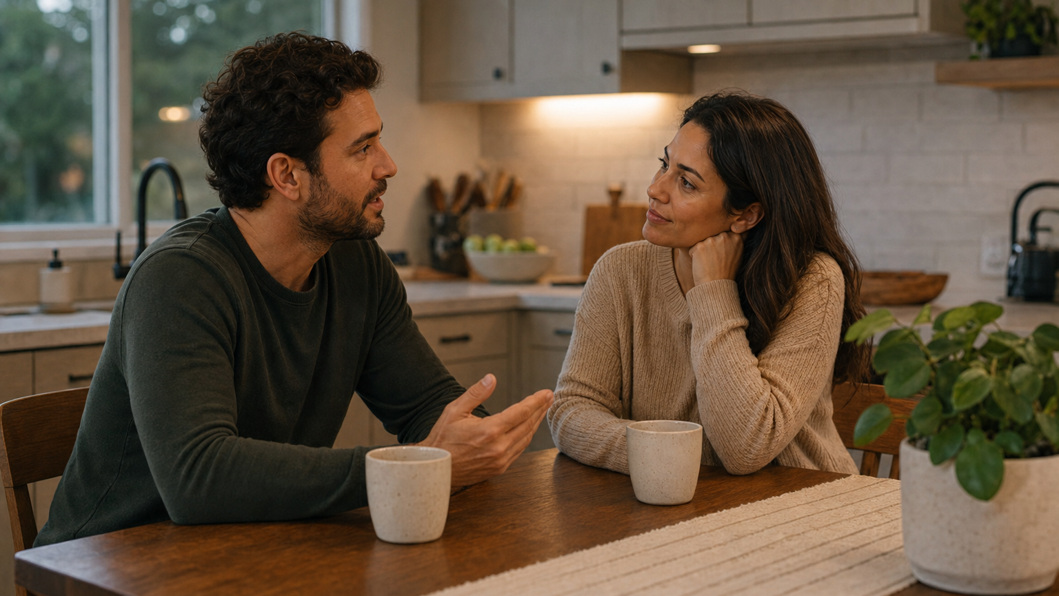 A realistic scene of a couple sitting at a kitchen table, one speaking while the other nods and mirrors back, soft eveni