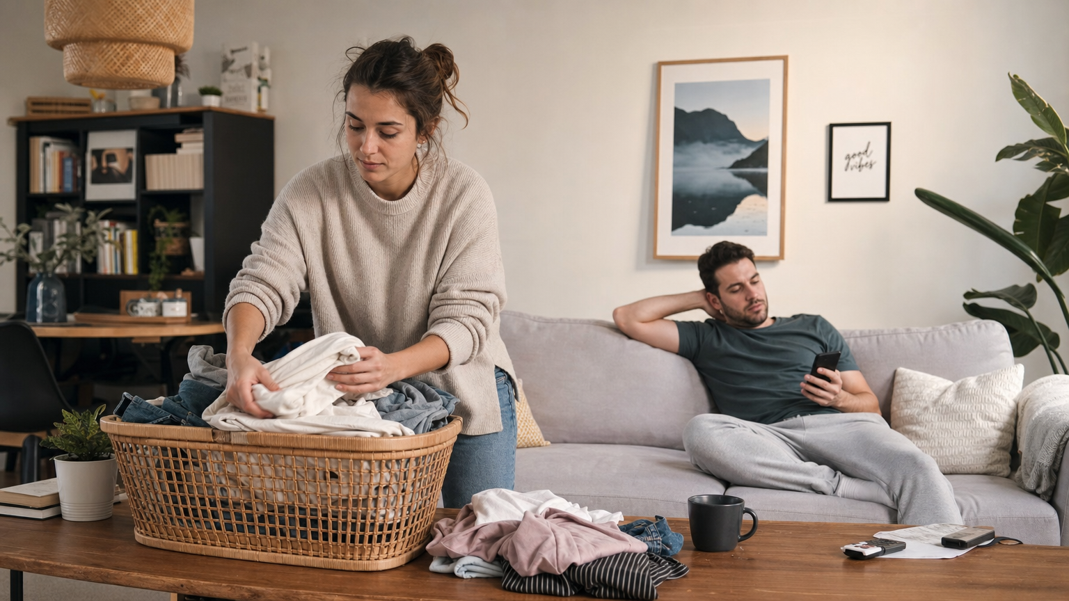 A realistic illustration of a couple caught in a competence‑incompetence loop, showing one partner handling tasks while the other looks disengaged, soft warm lighting, modern living room.