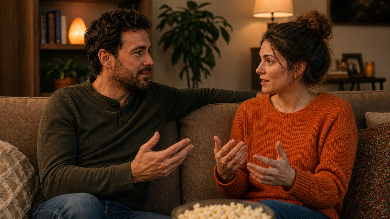 A realistic scene of a couple watching a movie together and discussing it, showing engaged facial expressions, living room setting. Alt: deep acceptance and flexibility in relationships
