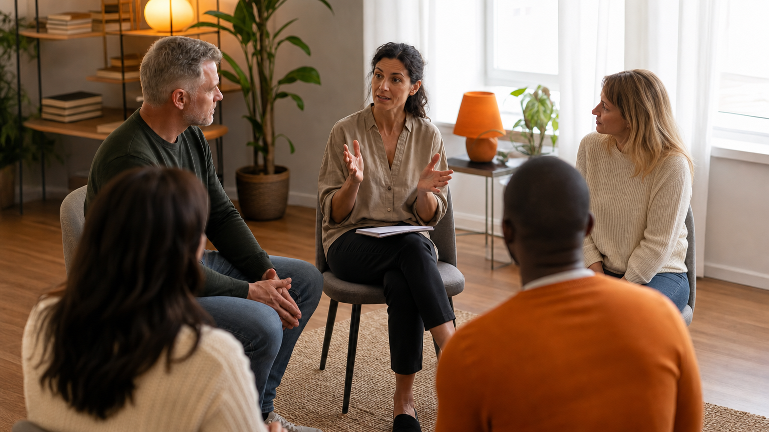 A realistic group workshop setting with therapist leading a flexible communication exercise, participants seated in a circle, warm lighting. Alt: resources and next steps for relationship flexibility