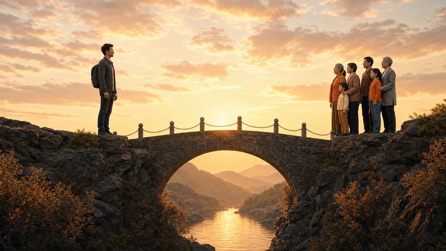 A realistic illustration of two people standing on opposite sides of a cultural bridge, showing individualistic and collectivist symbols, with warm lighting. Alt: individualism vs collectivism in relationships