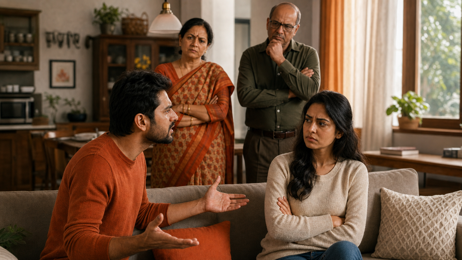A realistic scene of a couple arguing over personal space versus family expectations, showing tension. Alt: pitfalls of individualism vs collectivism in relationships