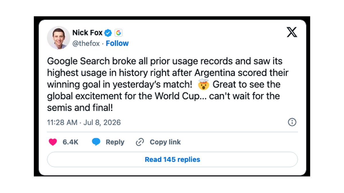 Nick Fox of Google announcing on X that Google Search broke all prior usage records after Argentina's World Cup goal